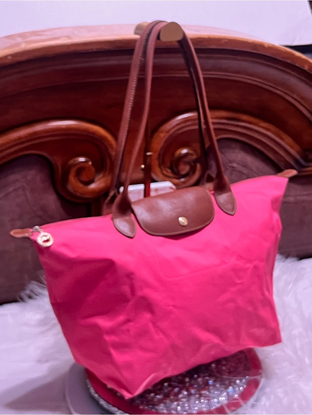 Longchamp Pink Nylon Tote with Brown Leather Trim